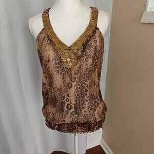 vintage Arden B women top M Brown Gold cheetah bubble metallic V neck